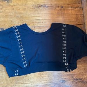 Emma and Sam cropped black t-shirt with buckles
